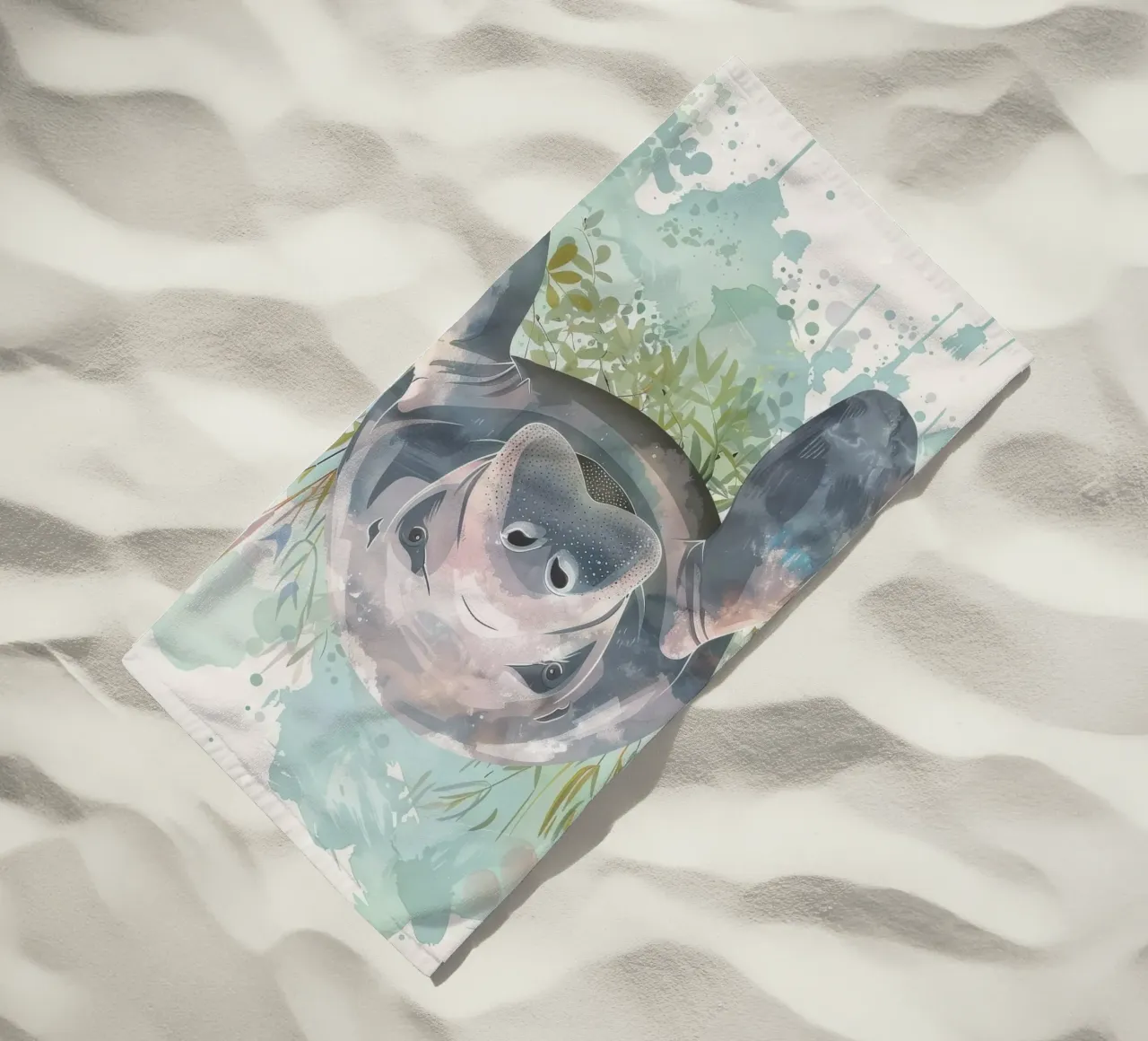 Lamantino che nuota graziosamente sott'acqua in un ambiente acquatico naturale telo mare da DesignDoodle