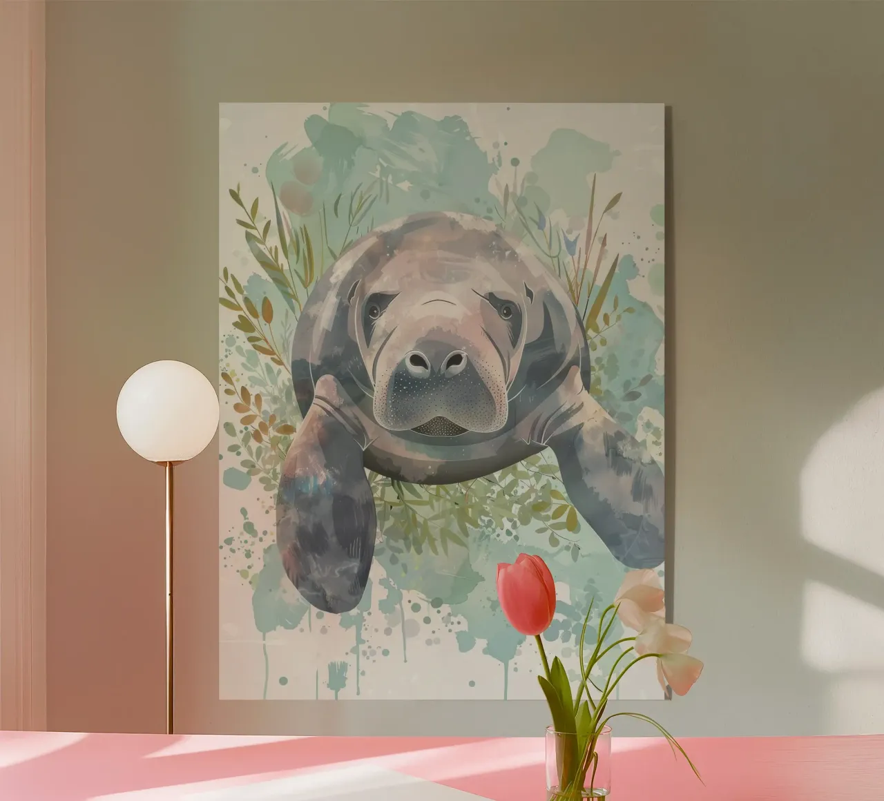 Manatee swimming gracefully underwater in a natural aquatic acrylic glass by DesignDoodle