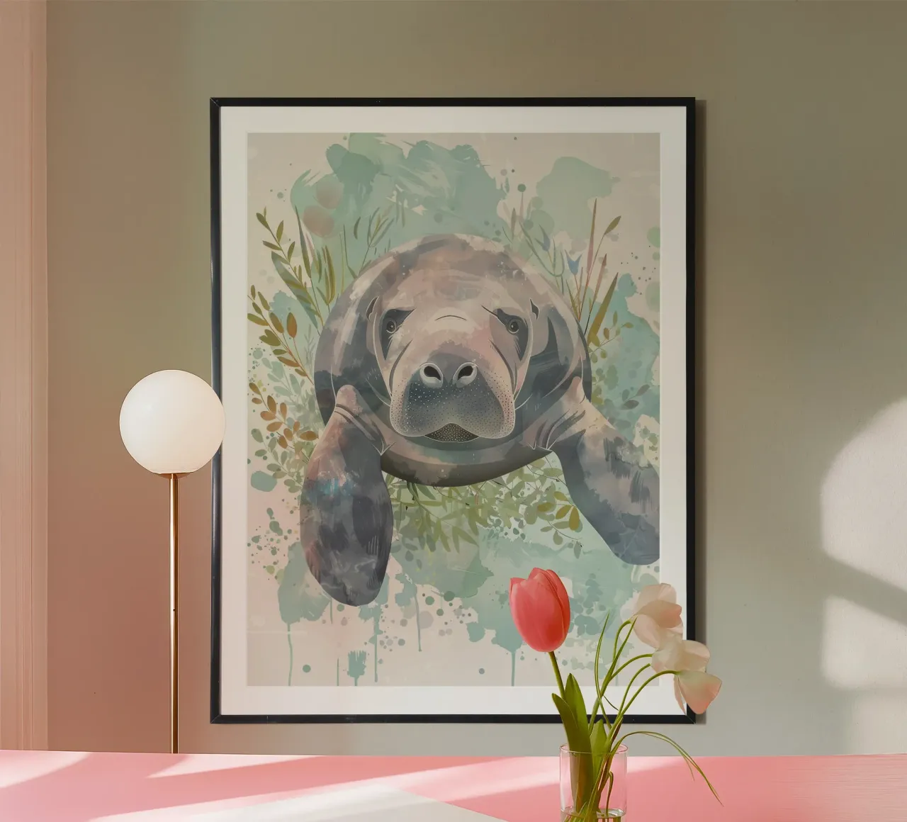 Seekuh schwimmt anmutig unter Wasser in einem natürlichen Gewässer Hahnemühle von DesignDoodle