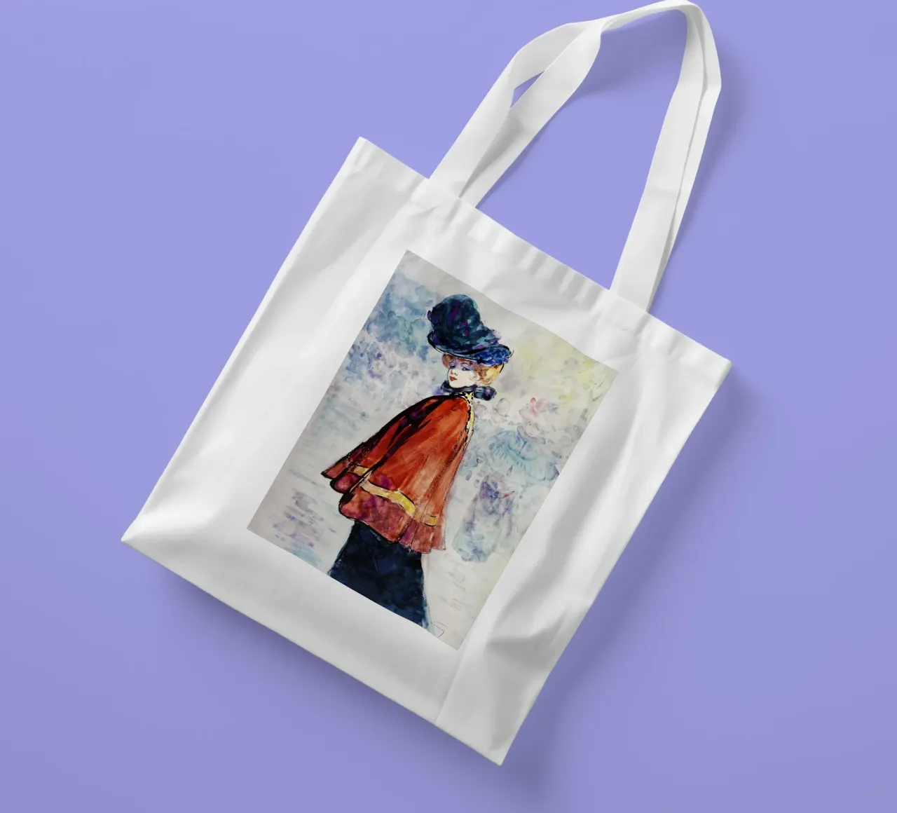 Elegant in rotem Umhang (um 1890-1900) von Henry Somm, Jutebeutel von Venus Art