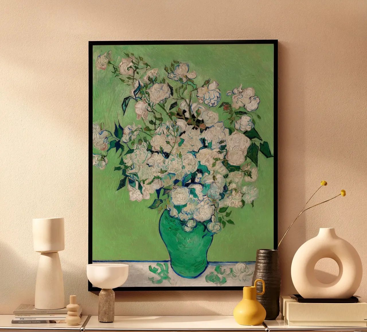 A vase of roses - Vincent van Gogh poster with wooden frame by Sylviepaint