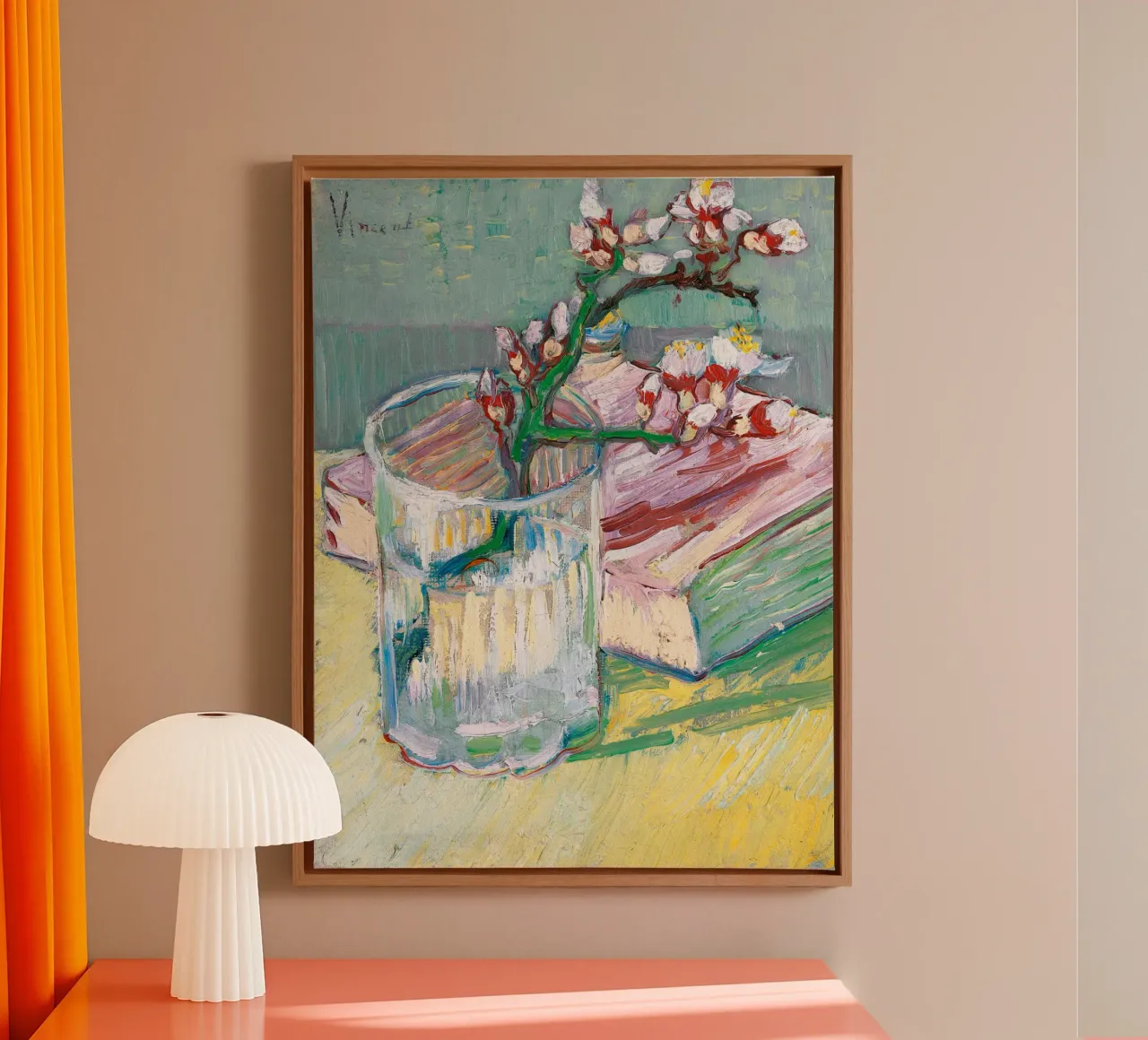 Ramo di mandorlo in fiore in un bicchiere - Vincent van Gogh tela con Cornice a cassetta da Sylviepaint