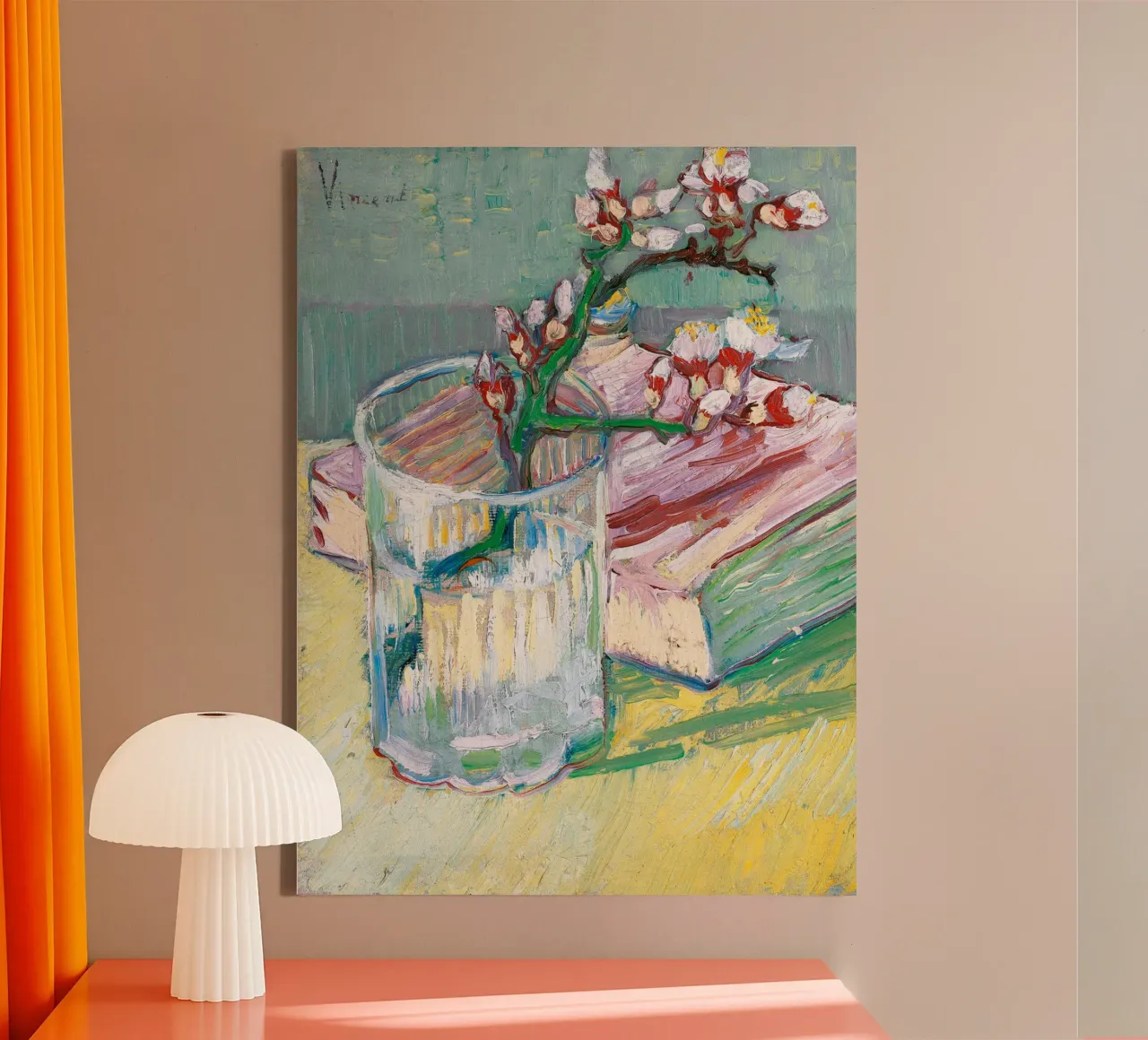 Ramo di mandorlo in fiore in un bicchiere - Vincent van Gogh tela con Cornice a cassetta da Sylviepaint