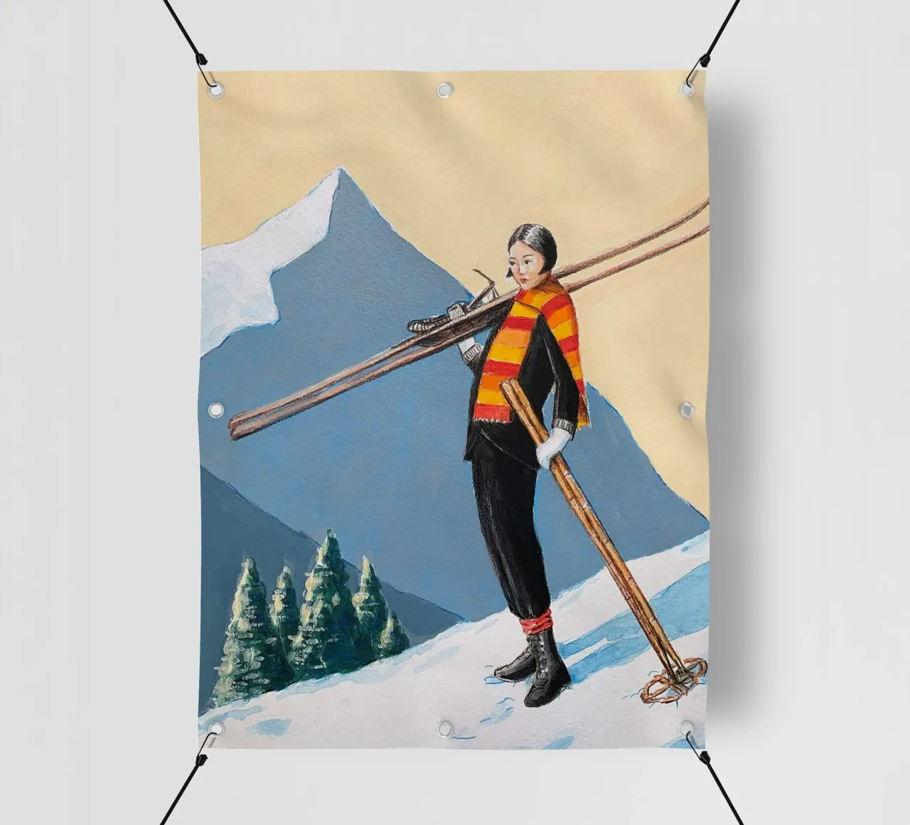 Sciatore con sciarpa colorata - Sarah Morrissette telo in pvc da Rachelwhell