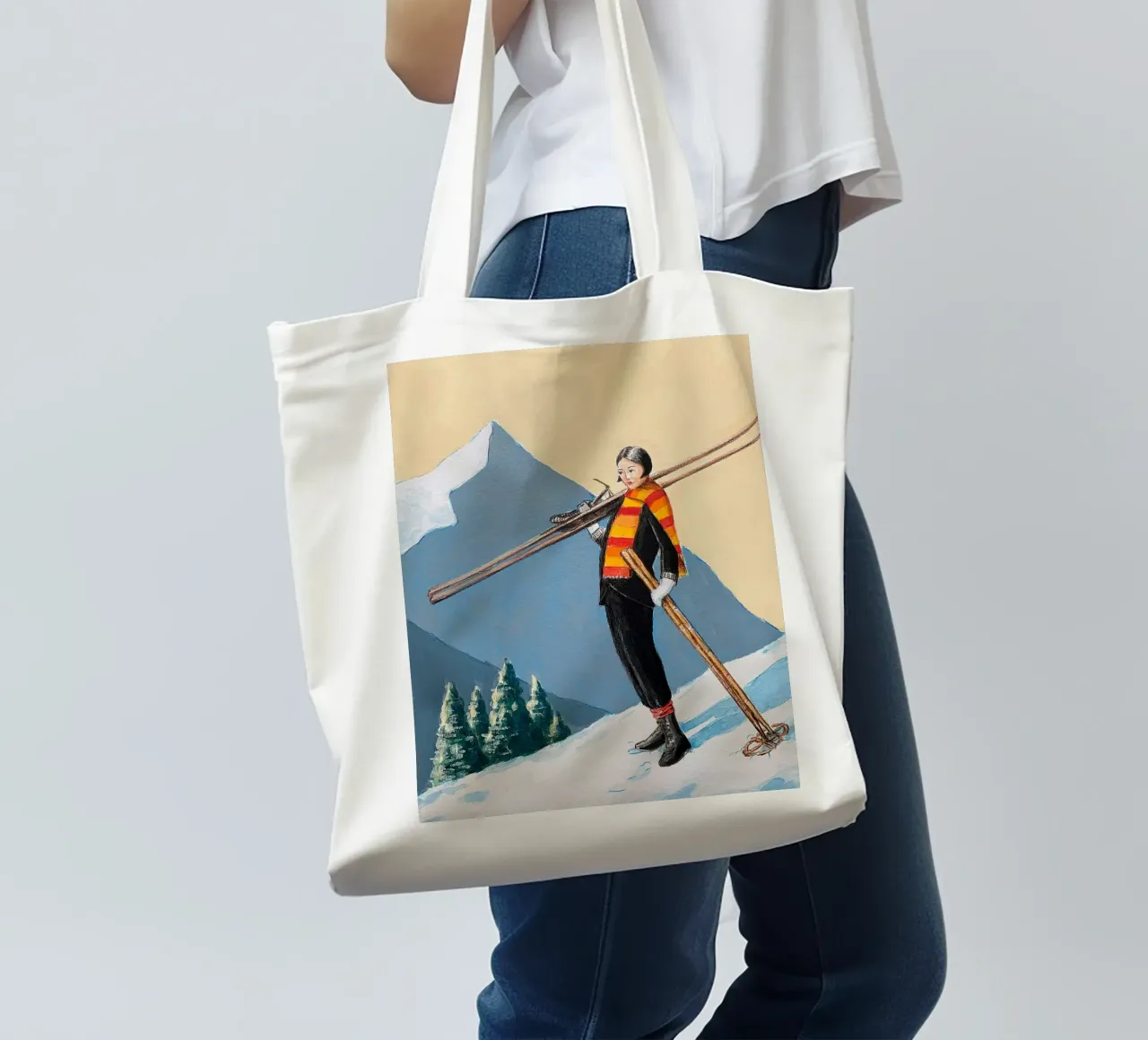 Sciatore con sciarpa colorata - Sarah Morrissette borsa in juta da Rachelwhell