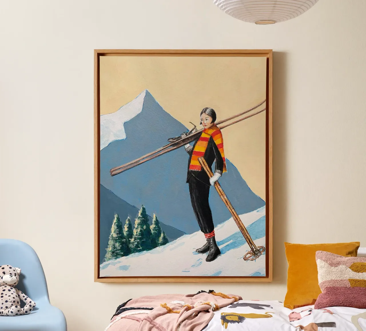 Sciatore con sciarpa colorata - Sarah Morrissette tela con Cornice a cassetta da Rachelwhell