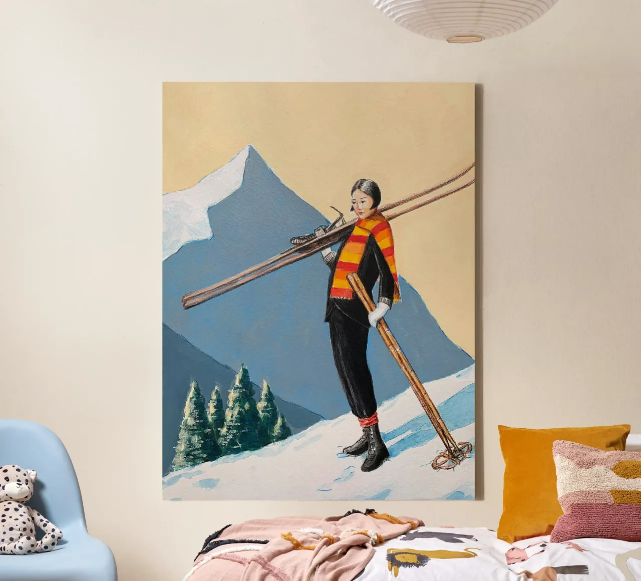 Sciatore con sciarpa colorata - Sarah Morrissette tela con Cornice a cassetta da Rachelwhell