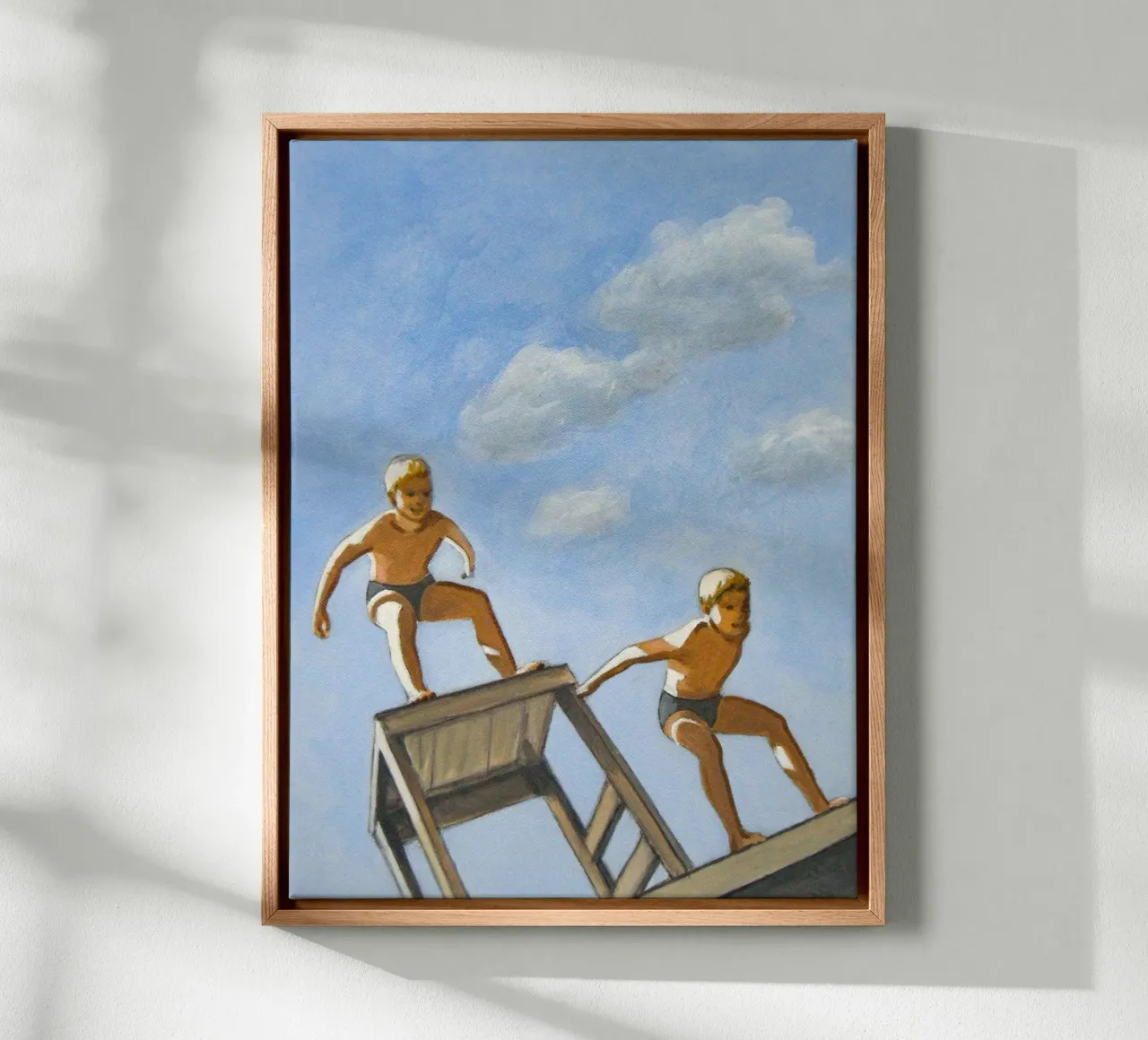 Zwei tauchende Jungen - Sarah Morrissette Leinwand mit Schattenfugenrahmen von Rachelwhell