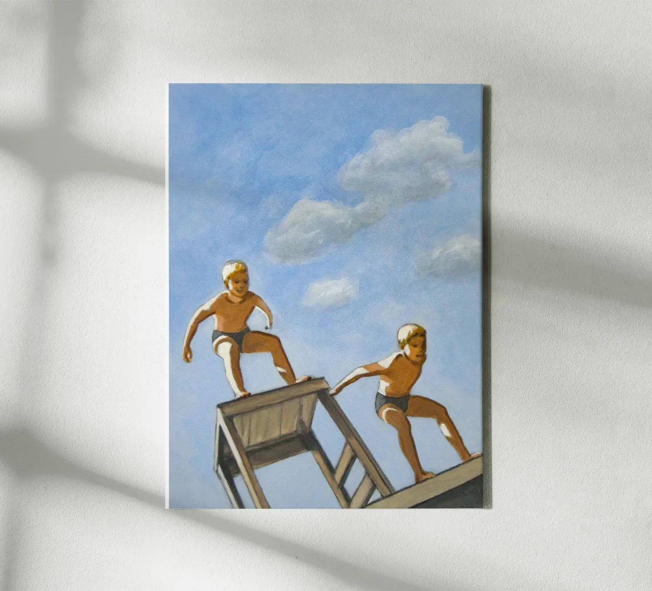Zwei tauchende Jungen - Sarah Morrissette Leinwand mit Schattenfugenrahmen von Rachelwhell