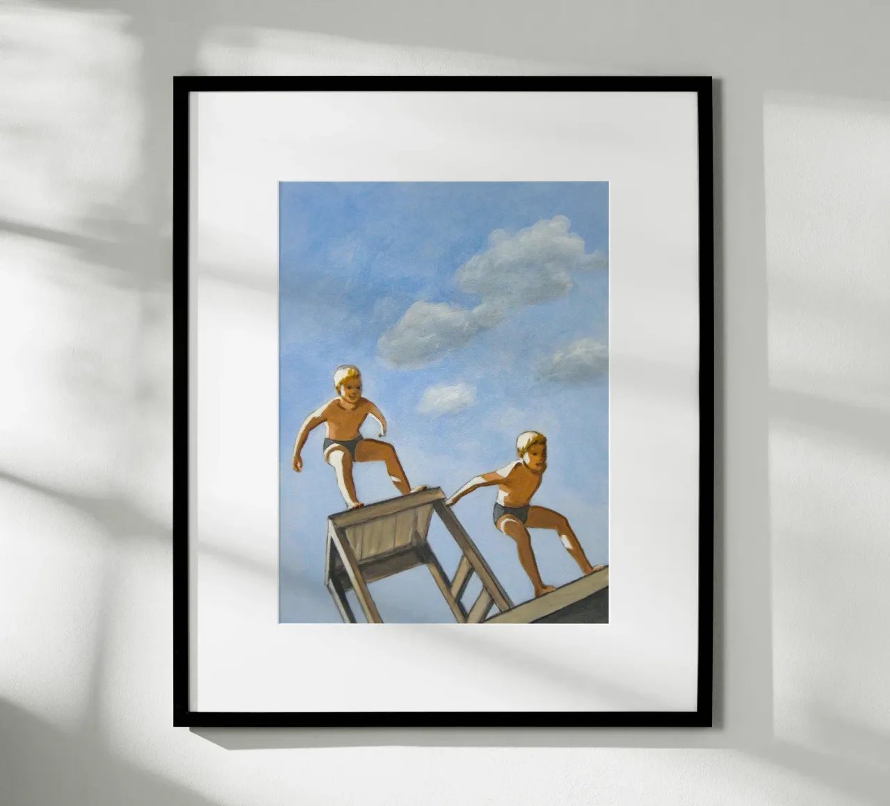 Due ragazzi che si tuffano - Sarah Morrissette poster con telaio in legno da Rachelwhell