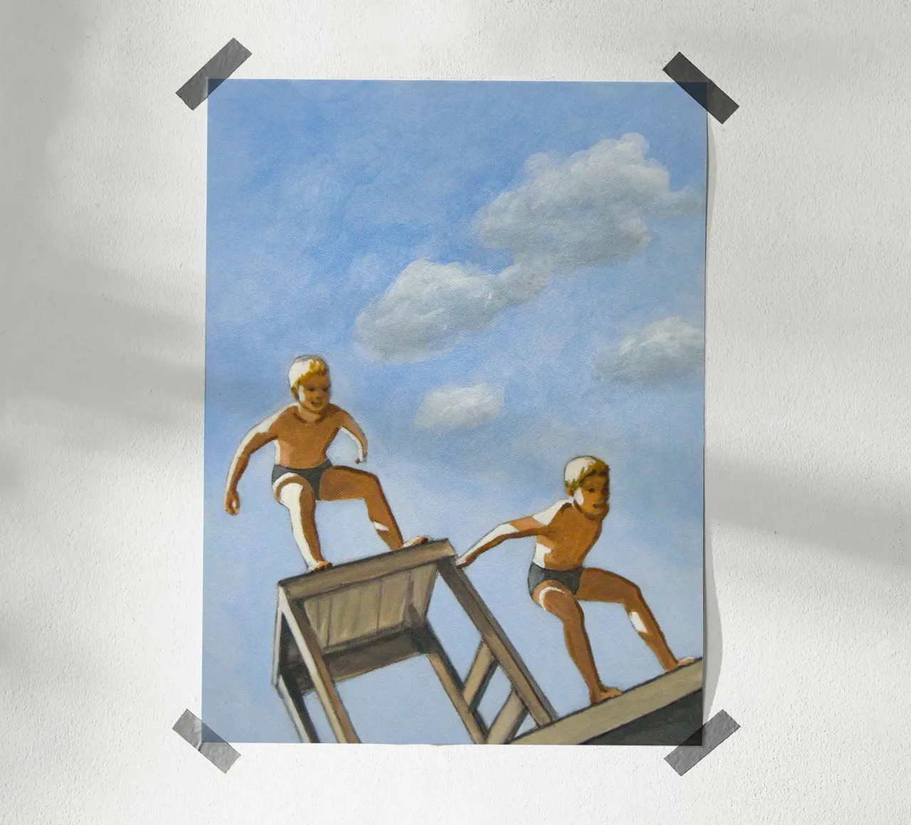 Due ragazzi che si tuffano - Sarah Morrissette poster con telaio in legno da Rachelwhell