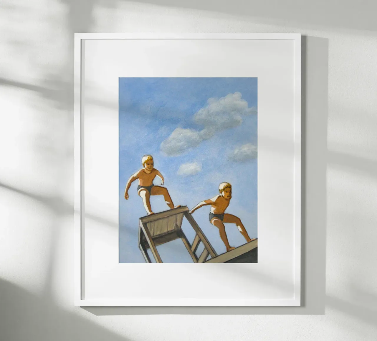 Due ragazzi che si tuffano - Sarah Morrissette poster con telaio in legno da Rachelwhell