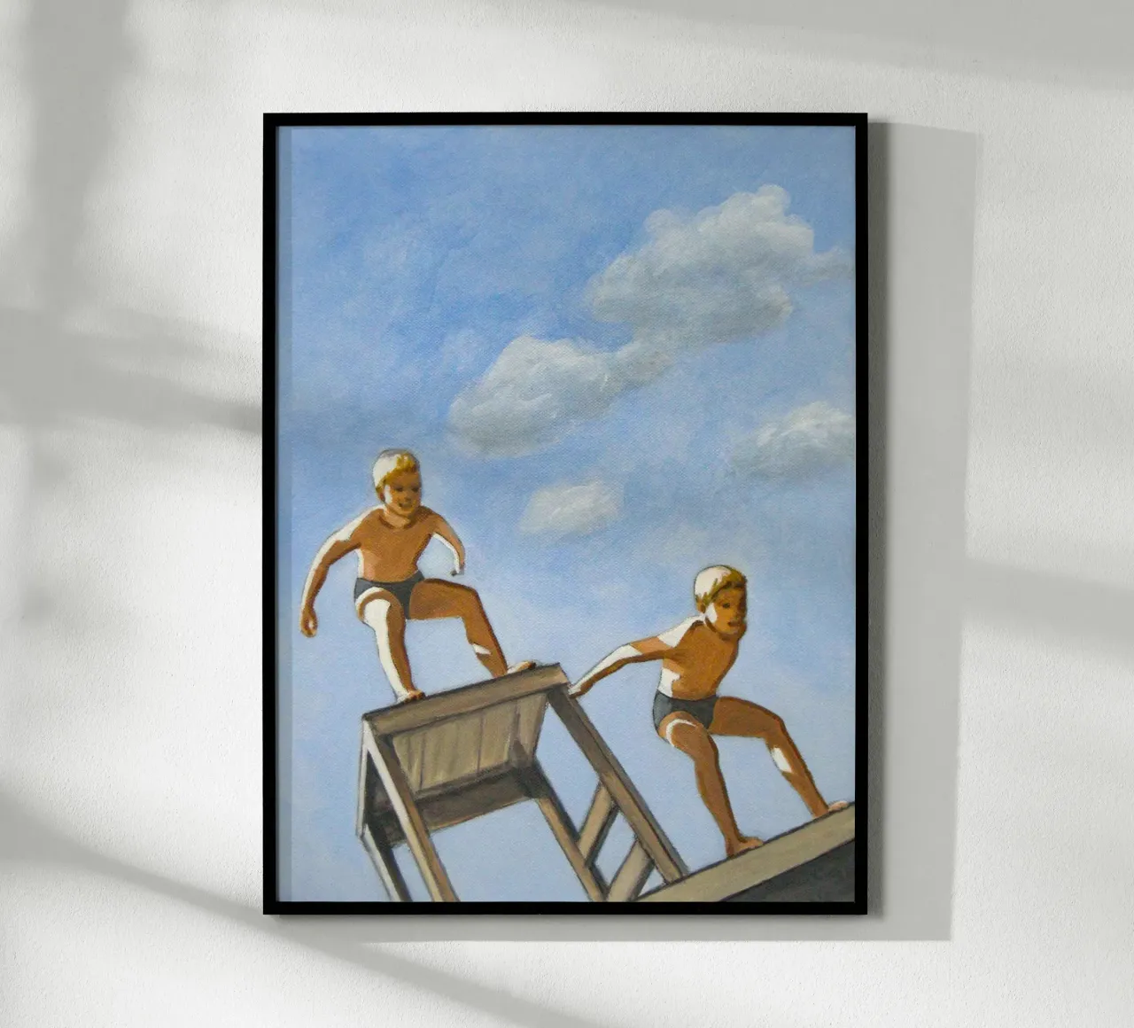Due ragazzi che si tuffano - Sarah Morrissette poster con telaio in legno da Rachelwhell
