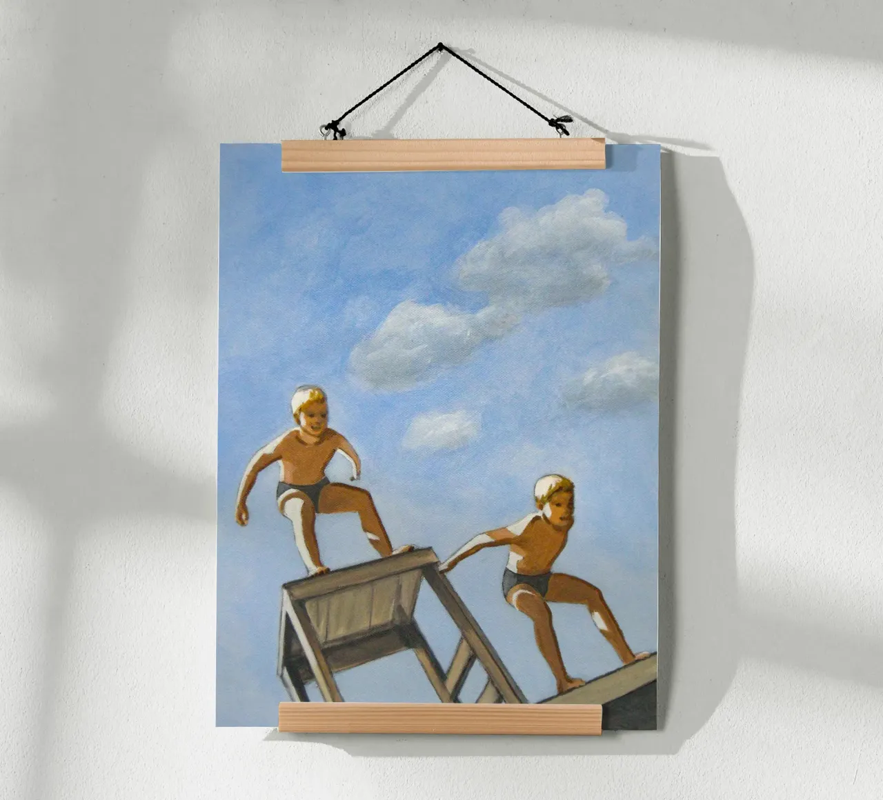 Due ragazzi che si tuffano - Sarah Morrissette poster con telaio in legno da Rachelwhell