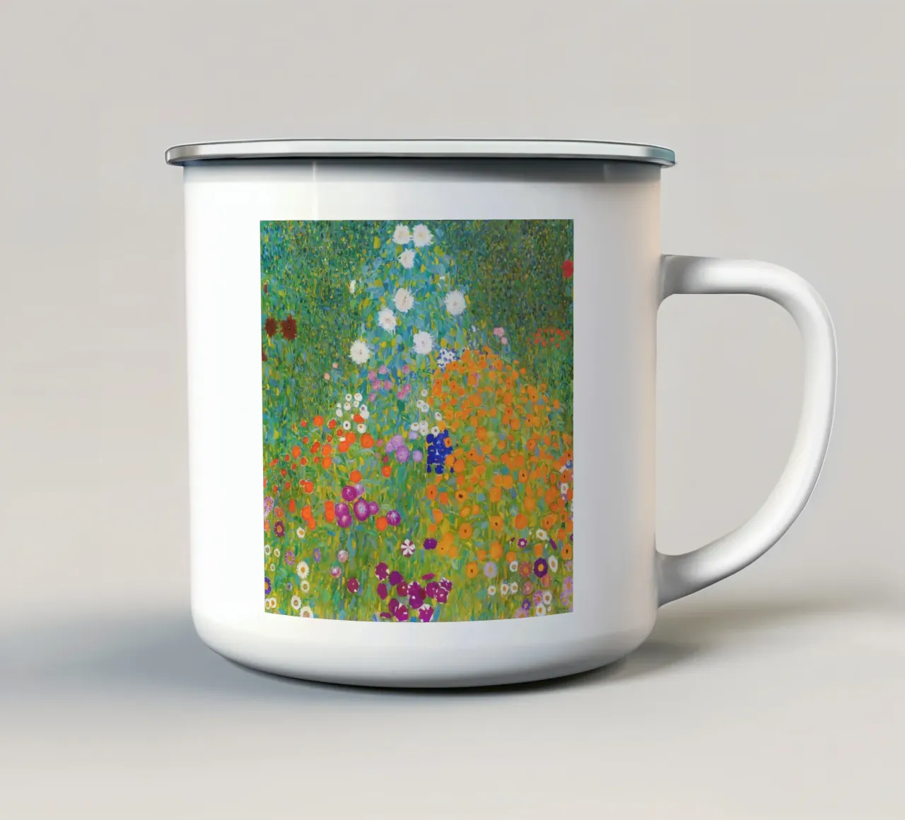 Boerderijtuin met zonnebloemen (1907) van Gustav Klimt emaille mok van Classic Art Prints