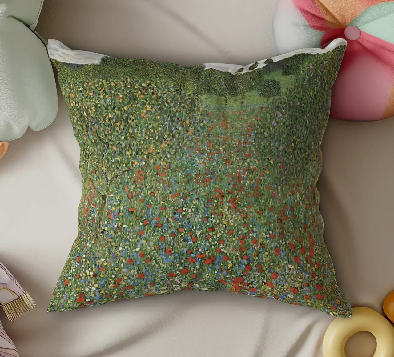 Poppy Field (1907) by Gustav Klimt decorative cushion by Art History