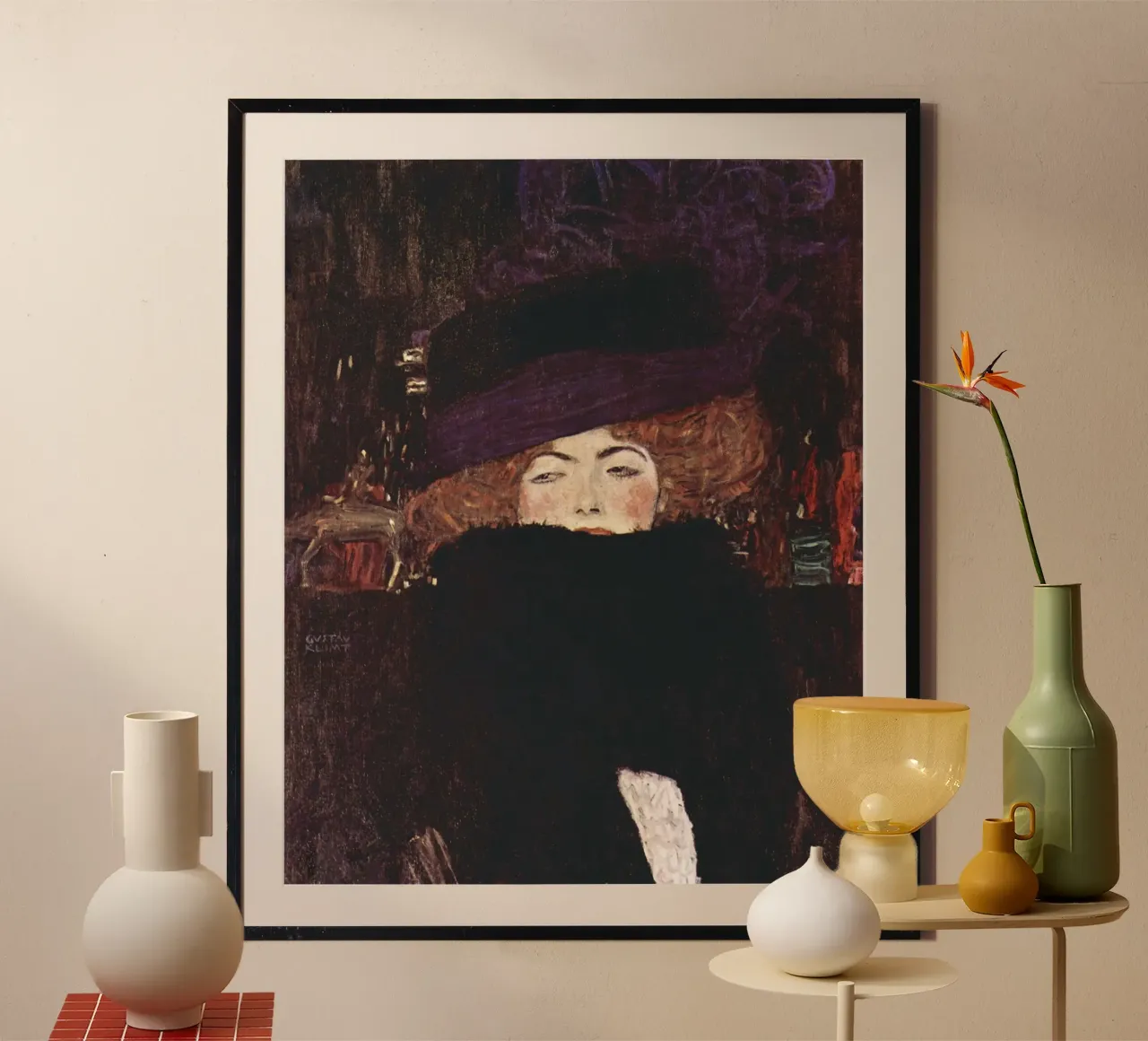 Signora con cappello di pelliccia e boa di Gustav Klimt carta hahnemühle da Art History