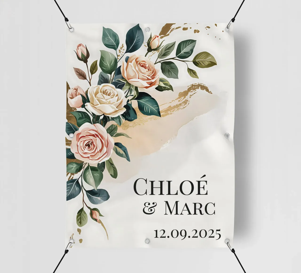 Fiori nuziali personalizzati in acquerello e oro telo in pvc da Beyond the Brush
