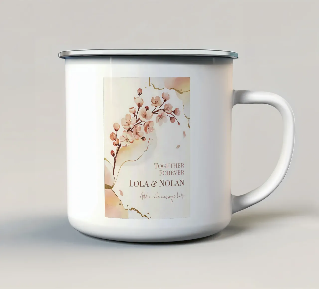 Messaggio personalizzato di una coppia di ciliegi in fiore tazza in smalto da Beyond the Brush