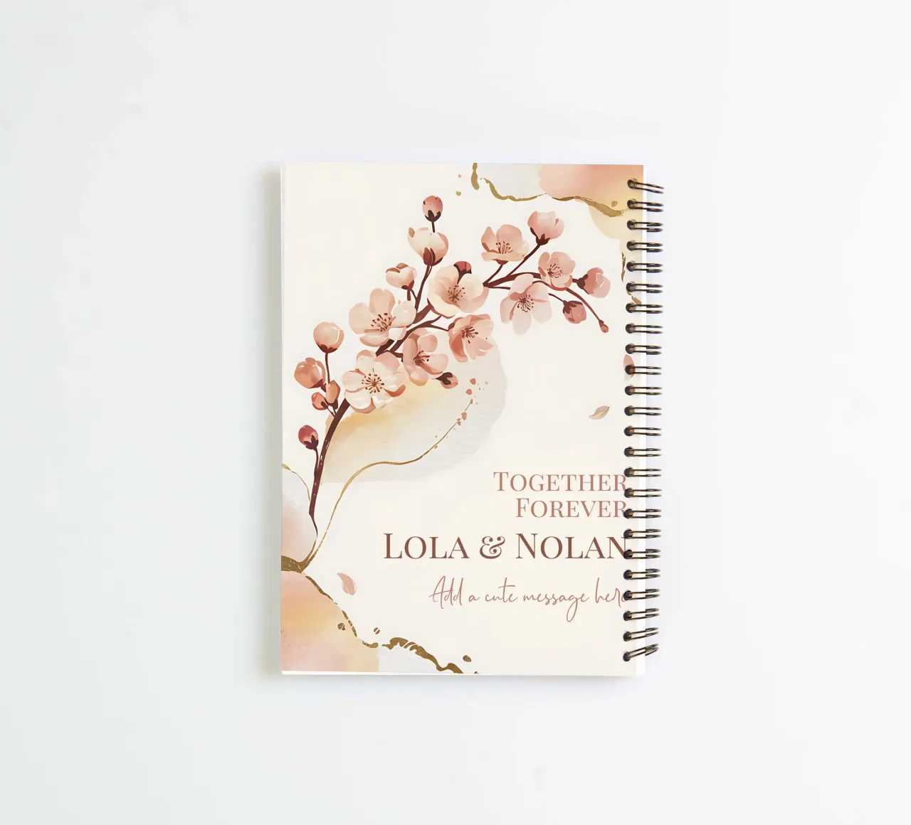 Personalised message from a cherry blossom couple spiral notebook by Beyond the Brush