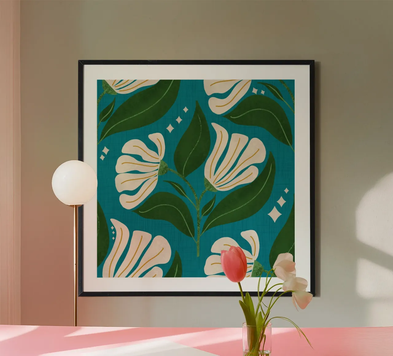 Fiori crema retrò anni '70 - verde acqua poster con telaio in plastica da susanacosta