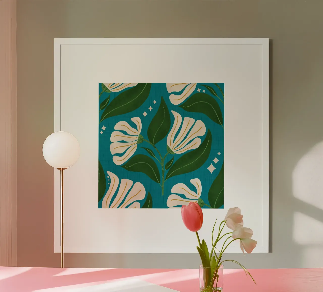 Fiori crema retrò anni '70 - verde acqua poster con telaio in plastica da susanacosta