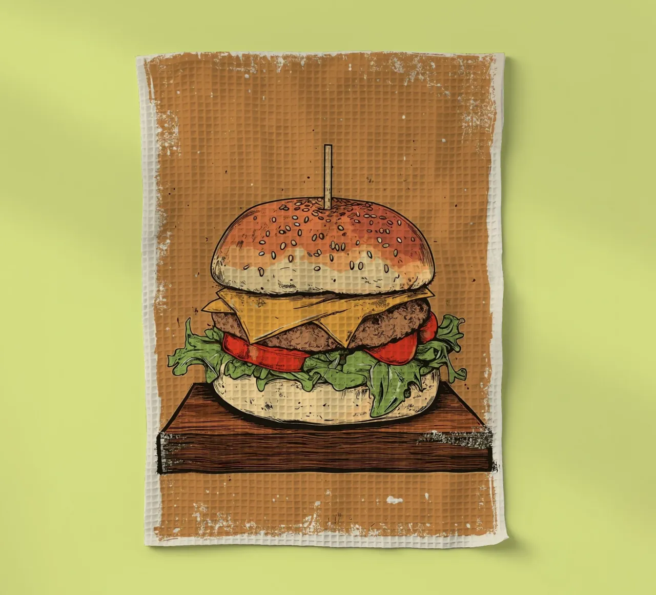 Vintage Cheeseburger auf Holzbrett canovaccio da cucina da pixelbull - medieval art and more