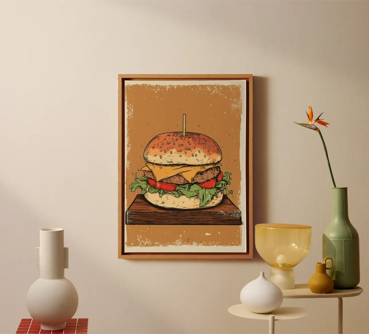 Vintage Cheeseburger auf Holzbrett tela con Cornice a cassetta da pixelbull - medieval art and more
