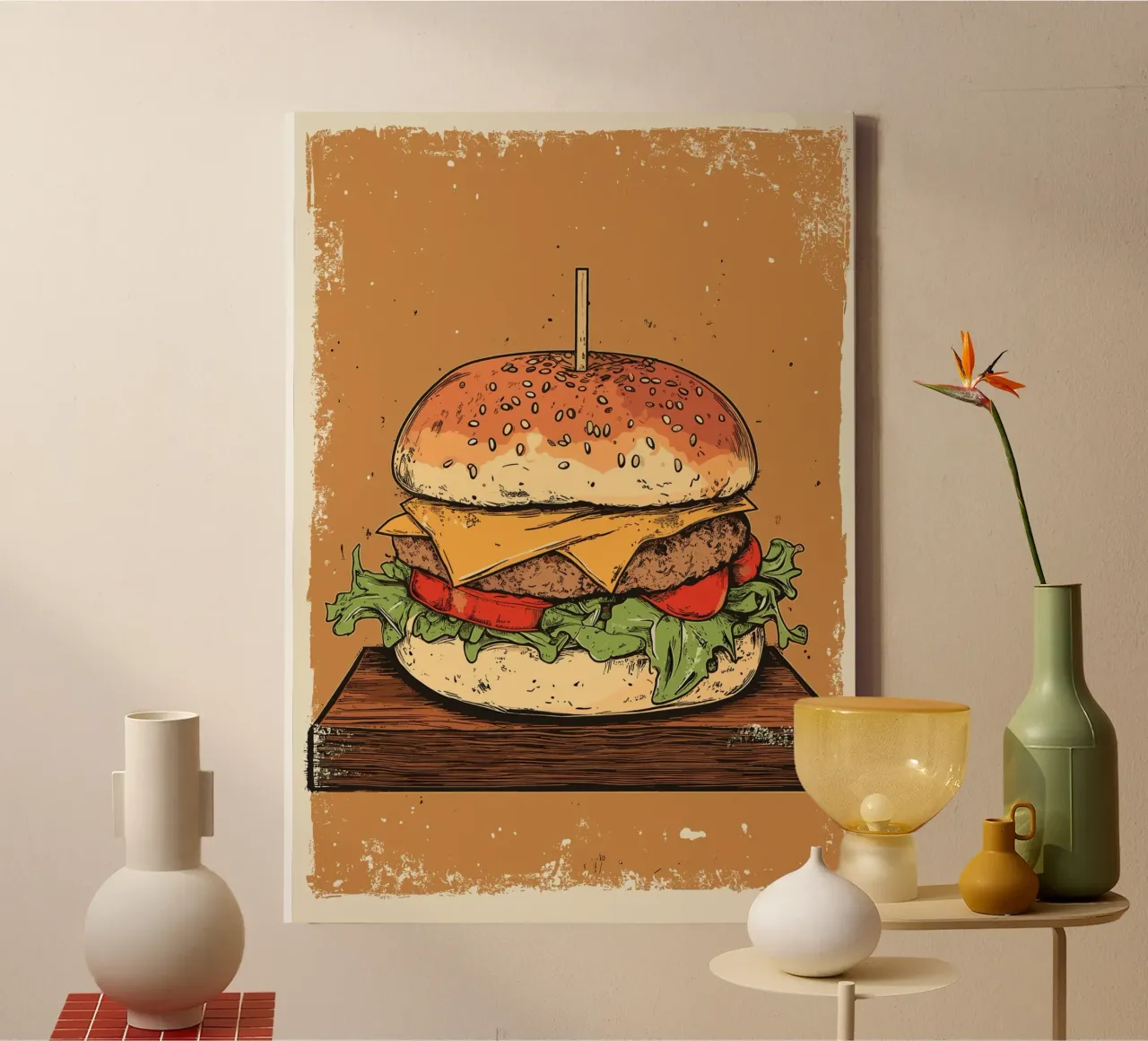 Vintage Cheeseburger auf Holzbrett tela con Cornice a cassetta da pixelbull - medieval art and more
