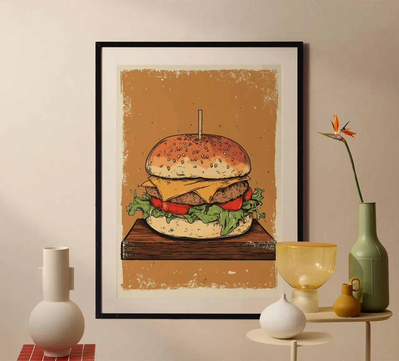 Vintage Cheeseburger auf Holzbrett poster da pixelbull - medieval art and more