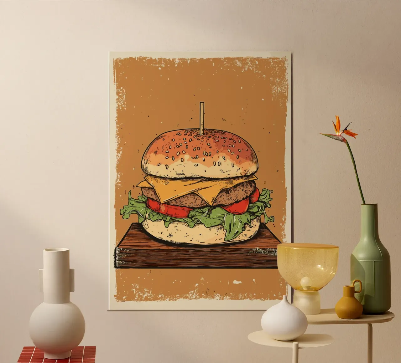 Vintage Cheeseburger auf Holzbrett poster da pixelbull - medieval art and more
