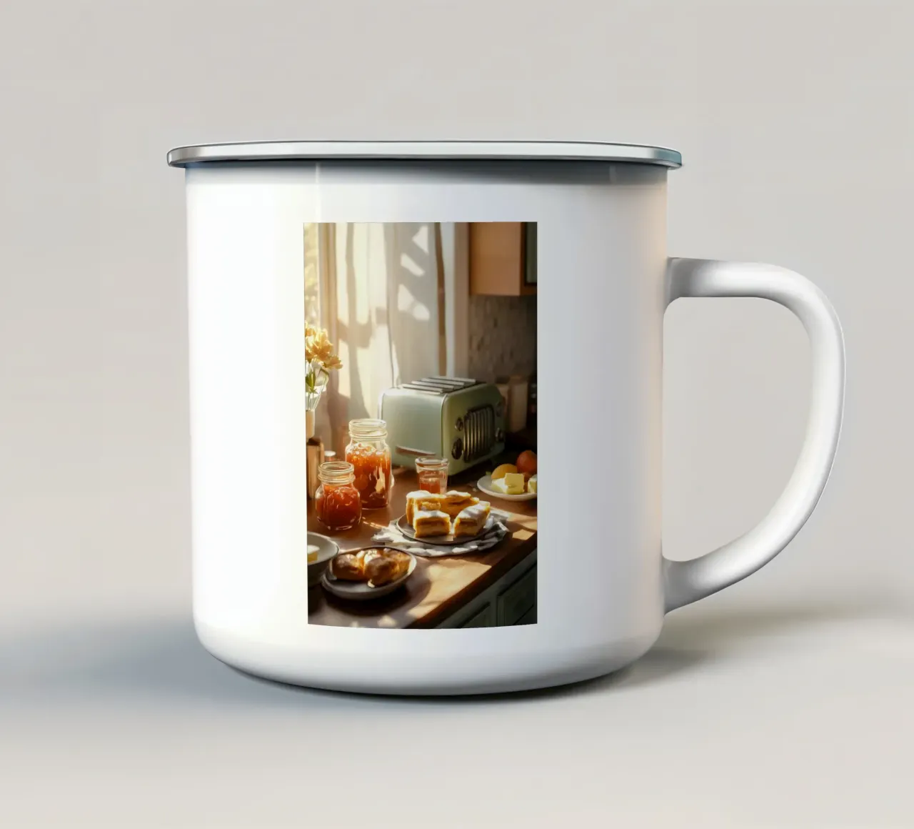 Colazione nostalgica al sole del mattino tazza in smalto da pixelbull - medieval art and more