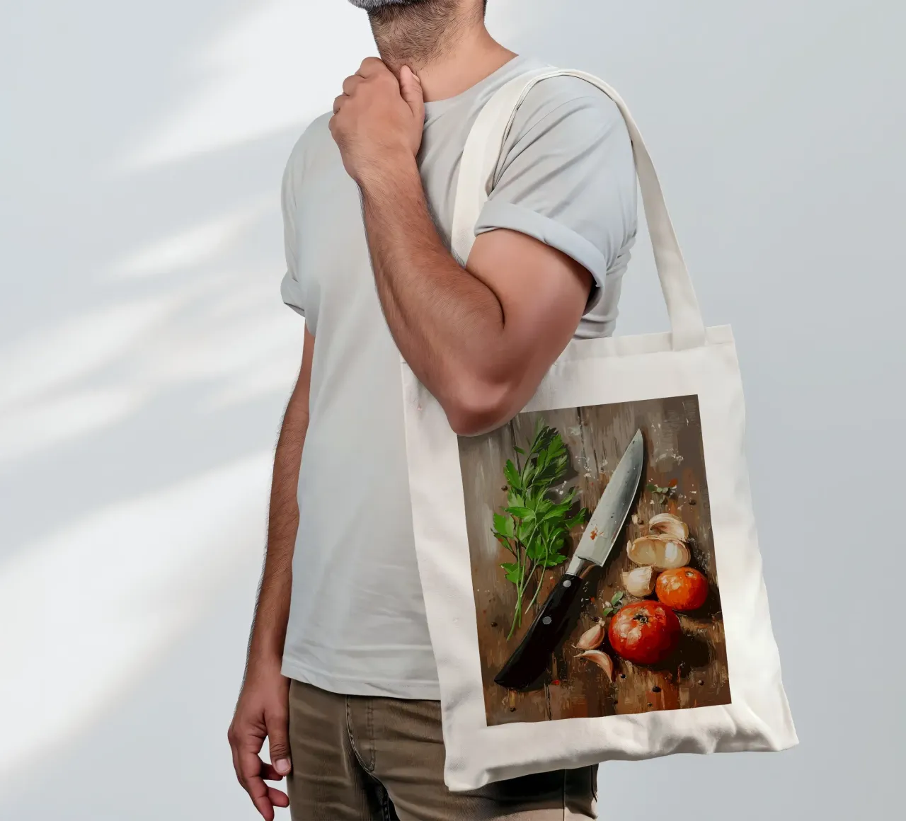 Natura morta in cucina con erbe e coltello borsa in juta da pixelbull - medieval art and more