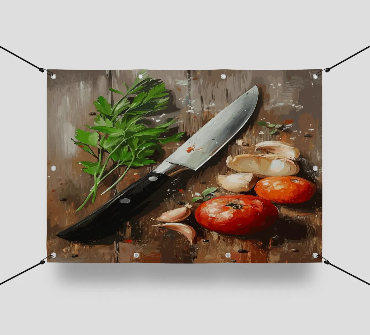 Natura morta in cucina con erbe e coltello telo in pvc da pixelbull - medieval art and more