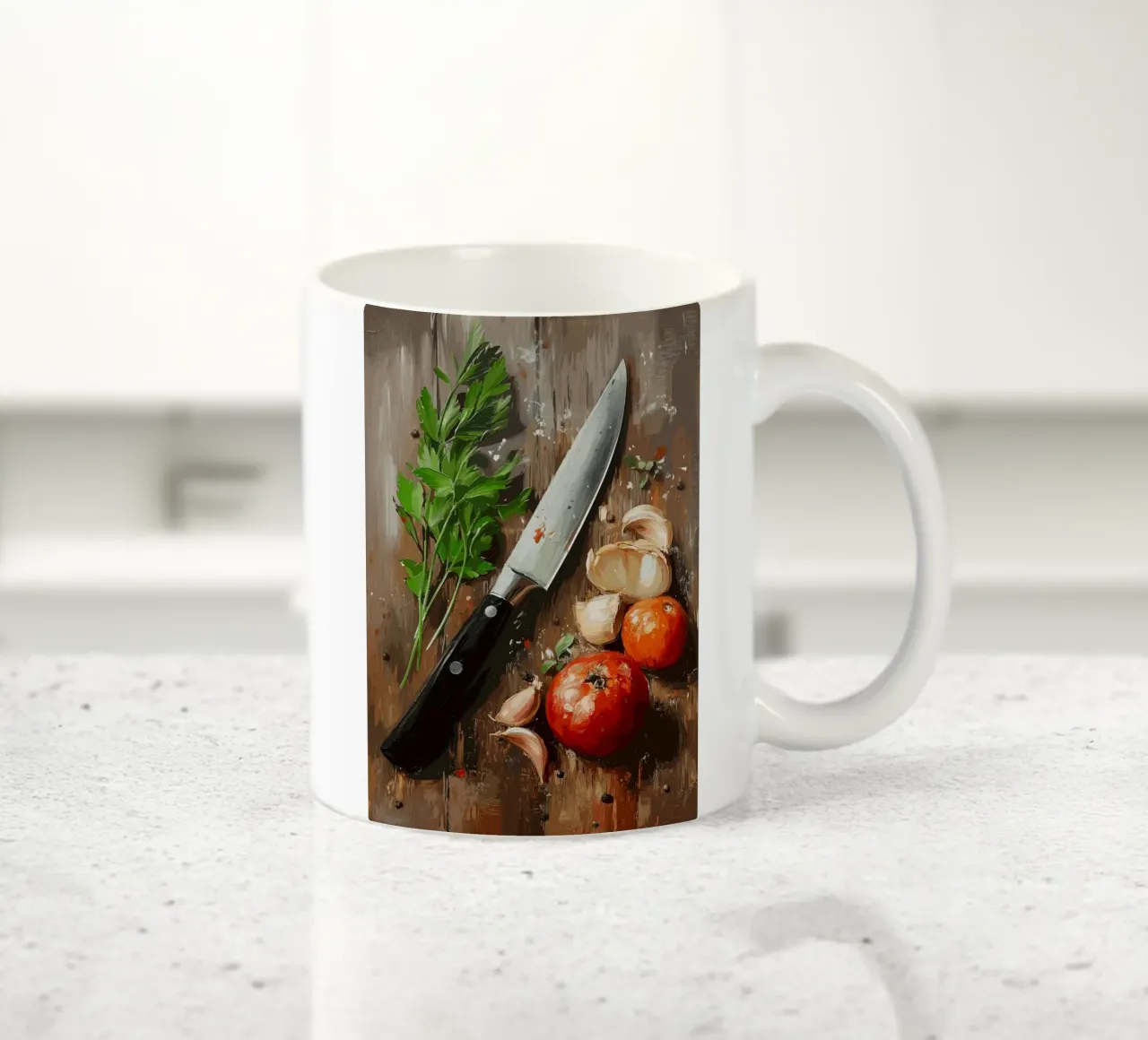 Natura morta in cucina con erbe e coltello tazza in ceramica da pixelbull - medieval art and more