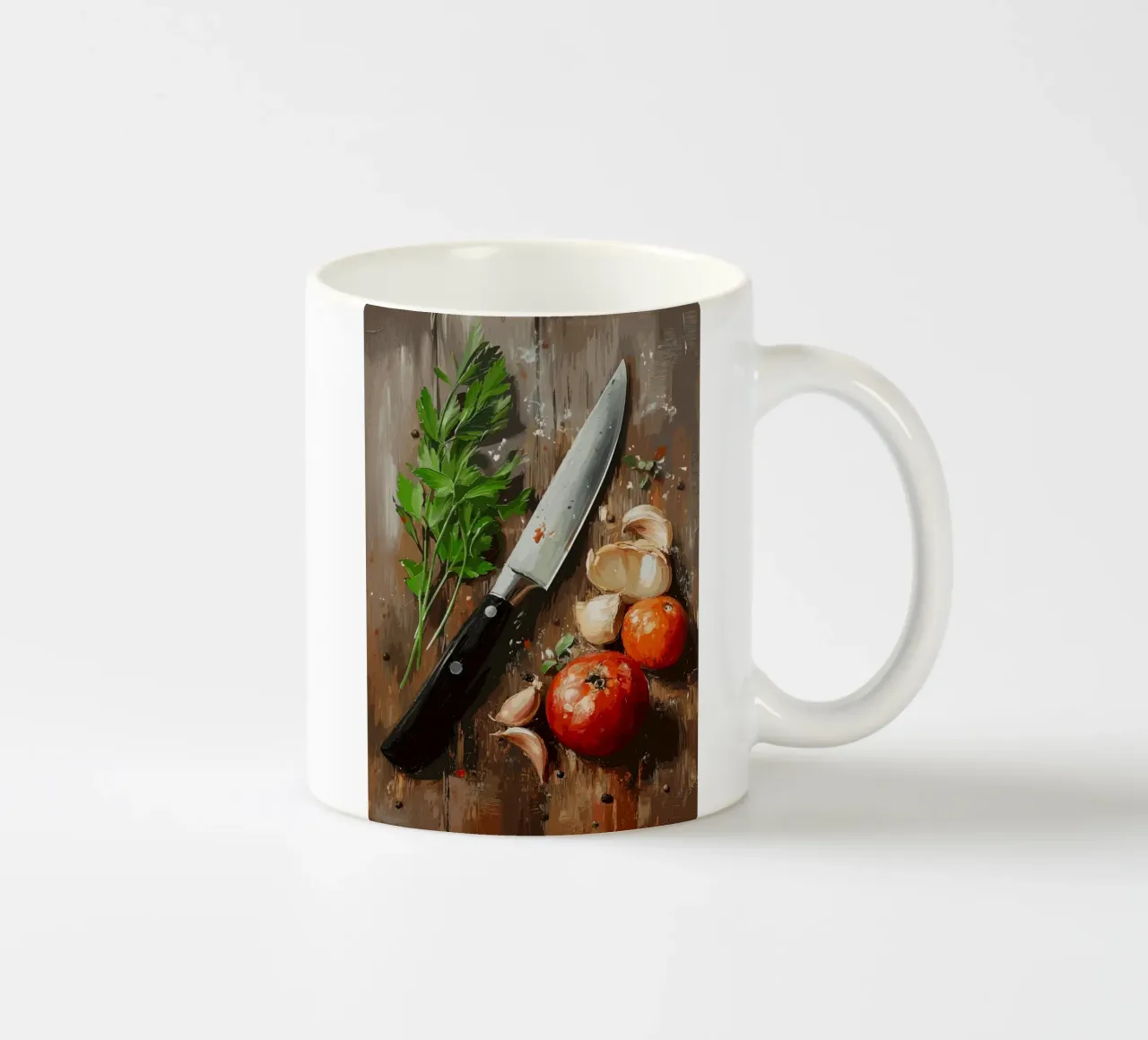 Natura morta in cucina con erbe e coltello tazza in ceramica da pixelbull - medieval art and more