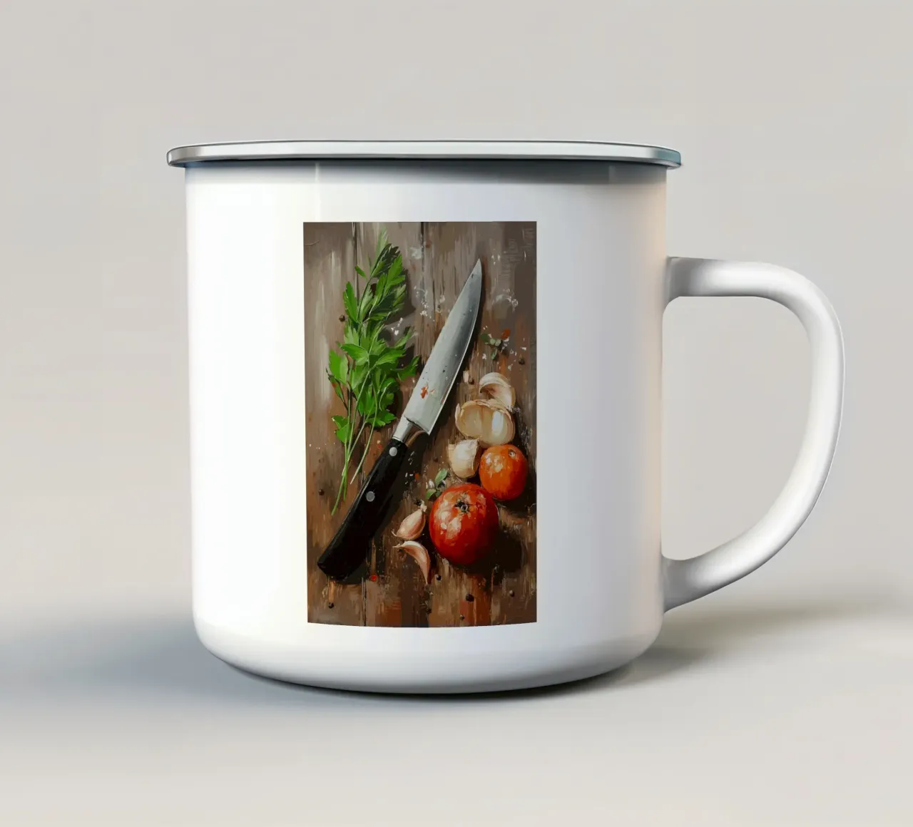 Natura morta in cucina con erbe e coltello tazza in smalto da pixelbull - medieval art and more