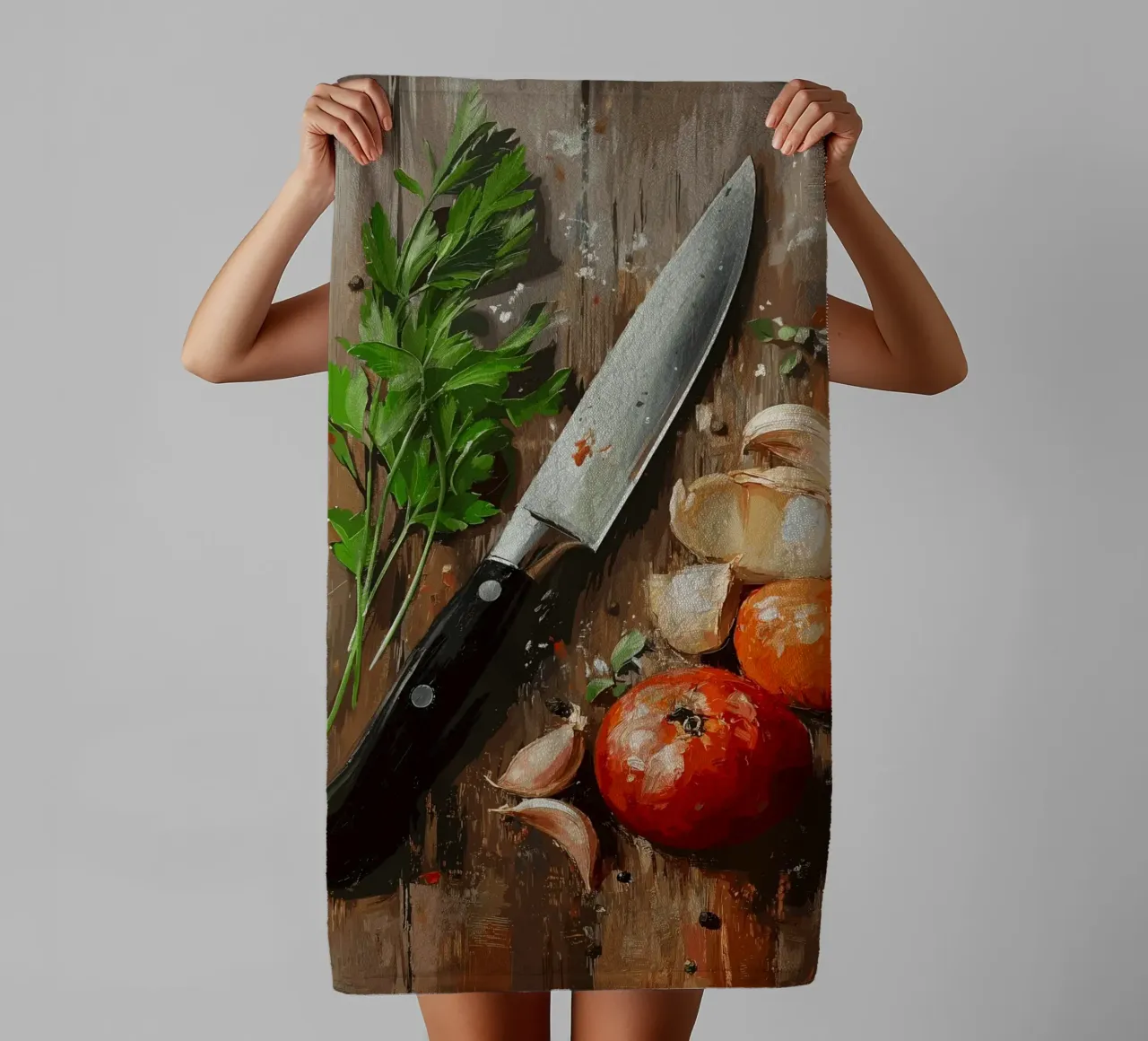 Natura morta in cucina con erbe e coltello asciugamano da bagno da pixelbull - medieval art and more