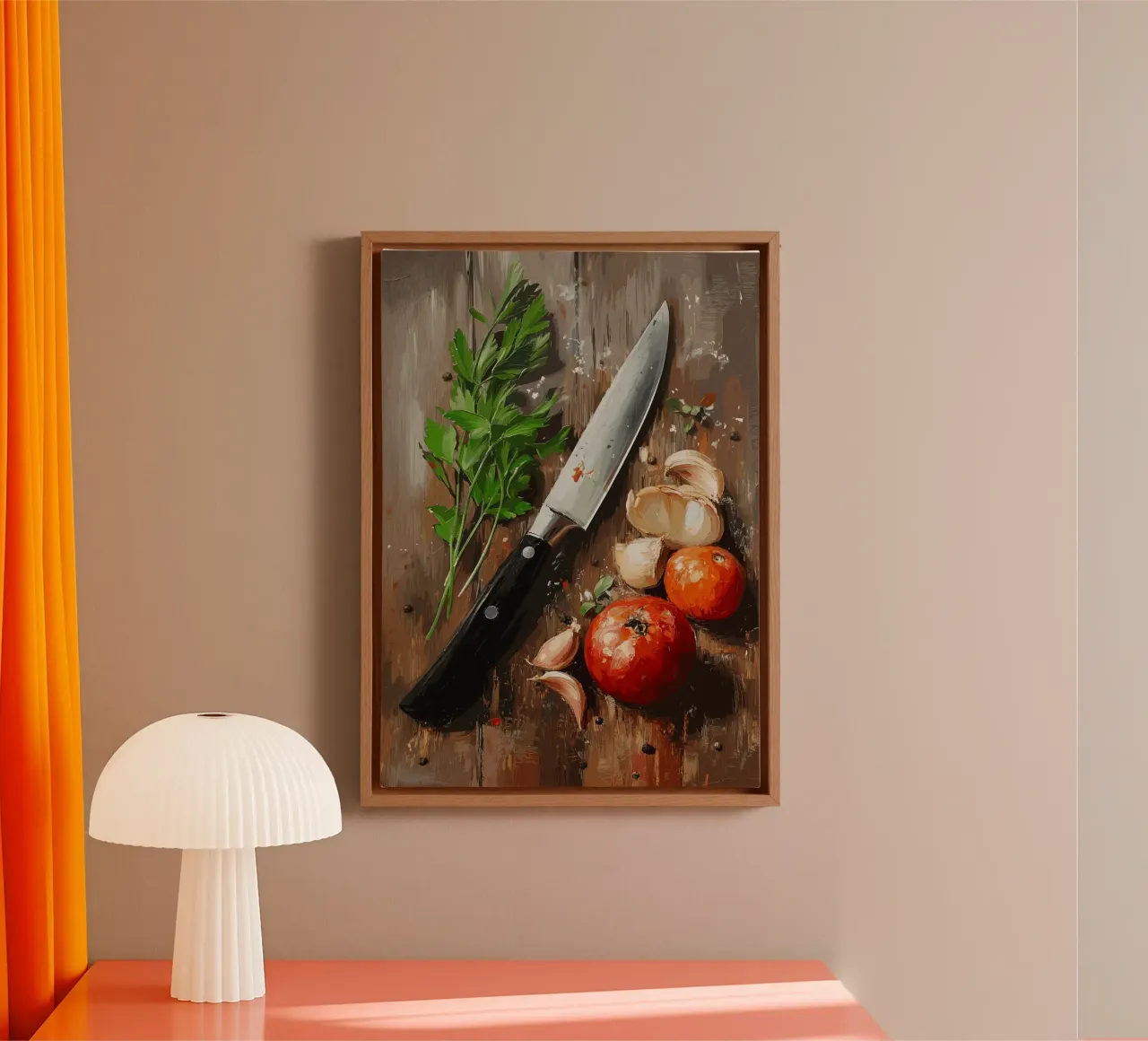 Natura morta in cucina con erbe e coltello tela con Cornice a cassetta da pixelbull - medieval art and more