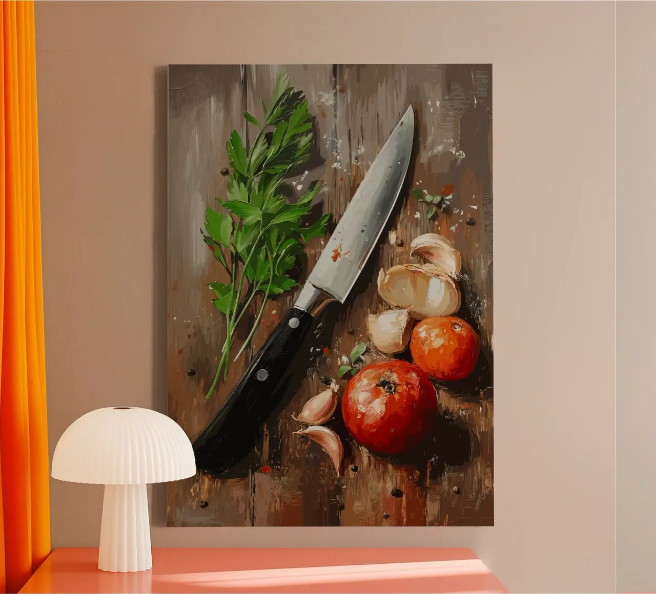 Natura morta in cucina con erbe e coltello tela con Cornice a cassetta da pixelbull - medieval art and more