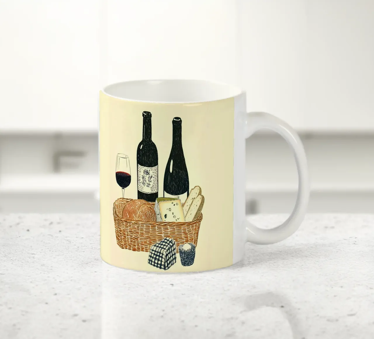 Picnic con pane, formaggio e vino tazza in ceramica da Curious Canvas