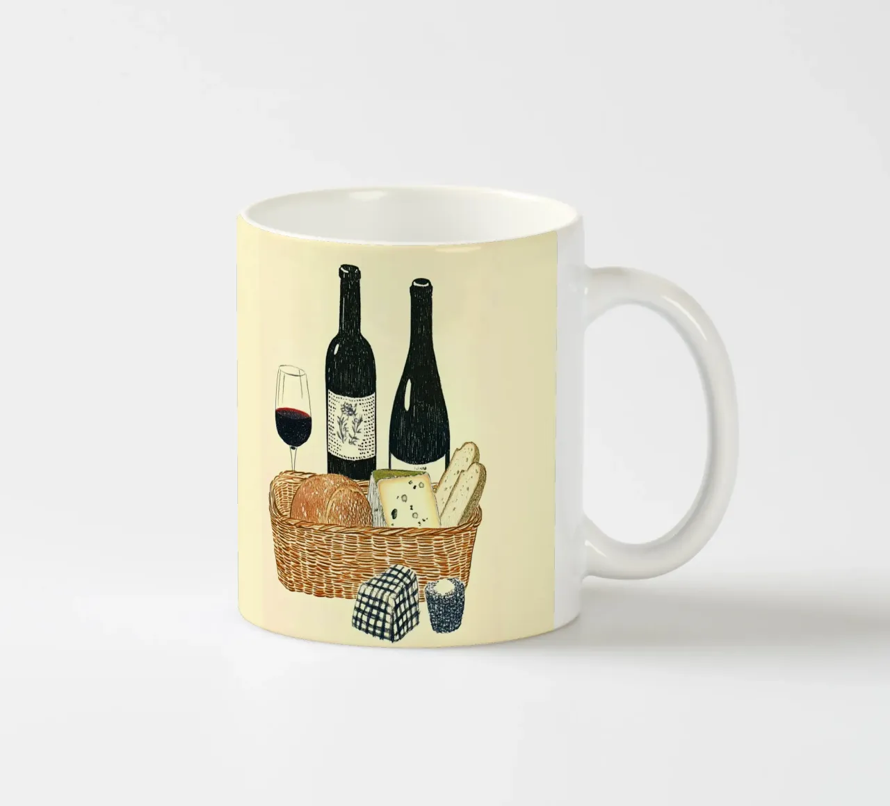 Picnic con pane, formaggio e vino tazza in ceramica da Curious Canvas