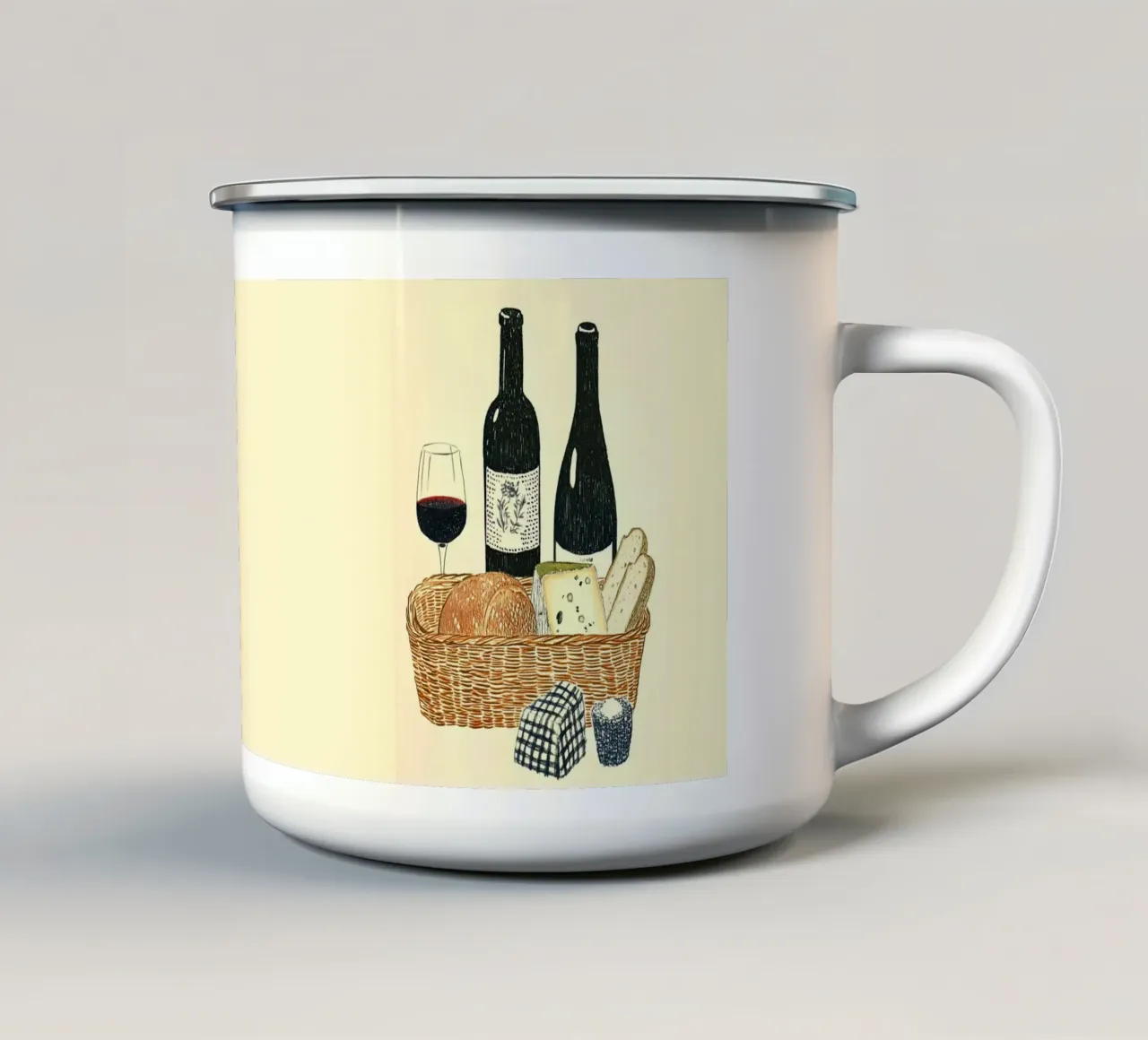Picnic con pane, formaggio e vino tazza in smalto da Curious Canvas