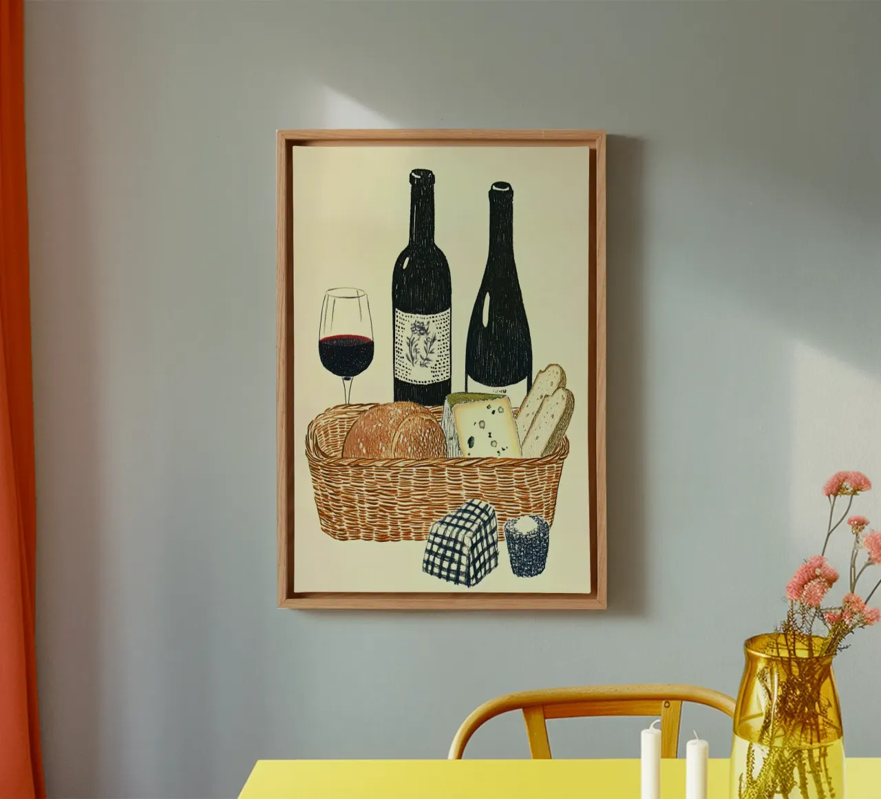Picnic con pane, formaggio e vino tela con Cornice a cassetta da Curious Canvas