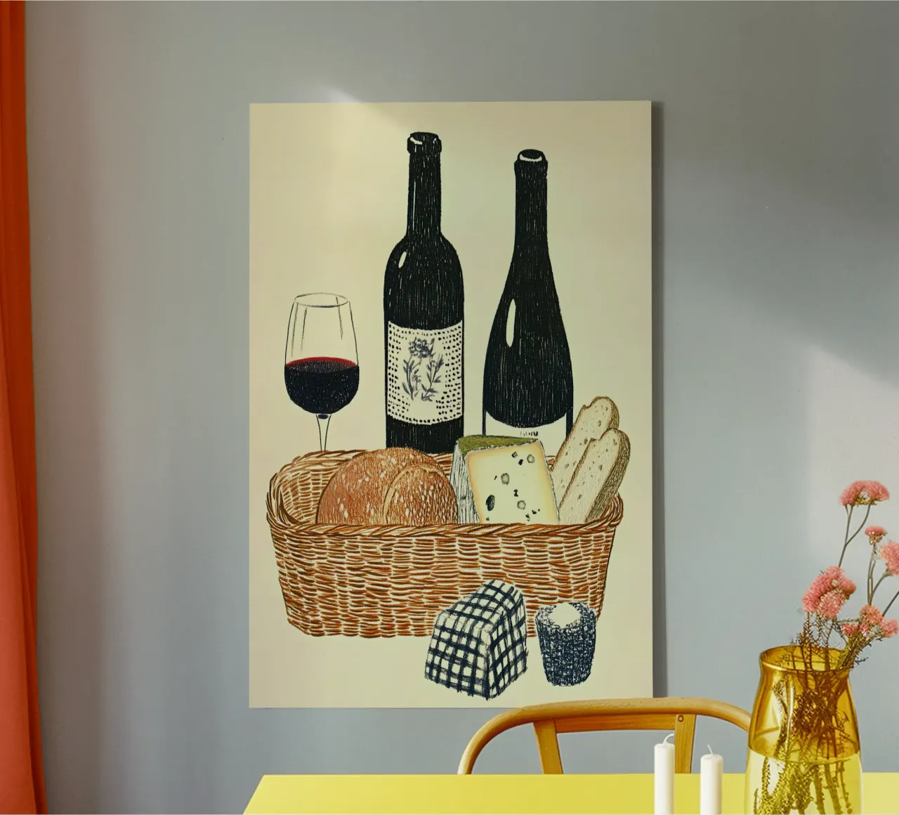Picnic con pane, formaggio e vino tela con Cornice a cassetta da Curious Canvas