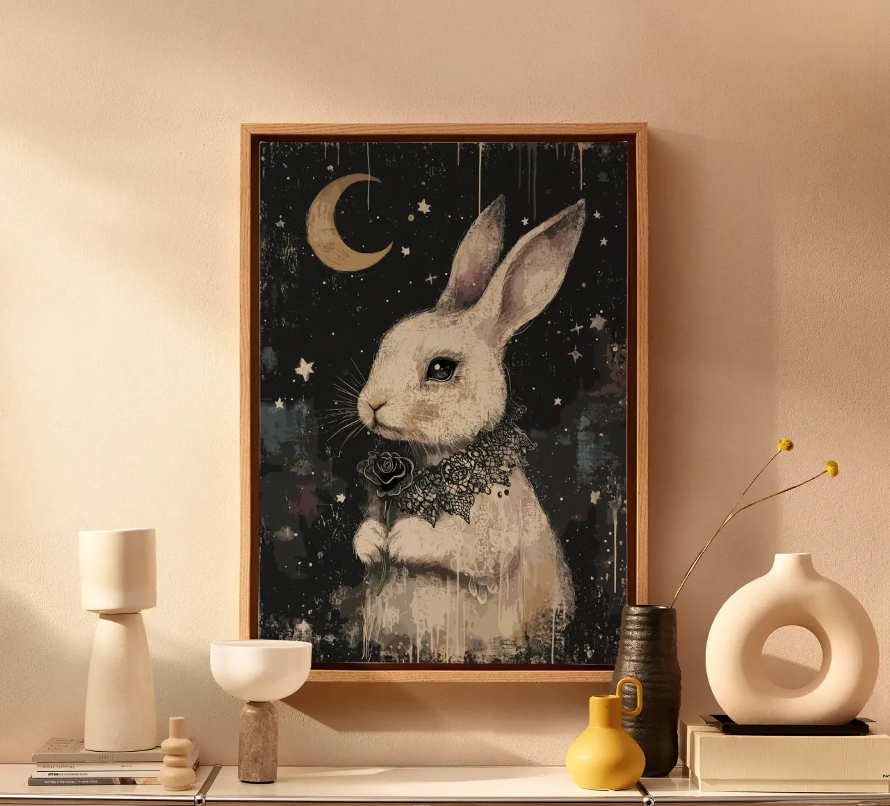 Romantic rabbit in the starry sky canvas with Floater frame by pixelbull - medieval art and more