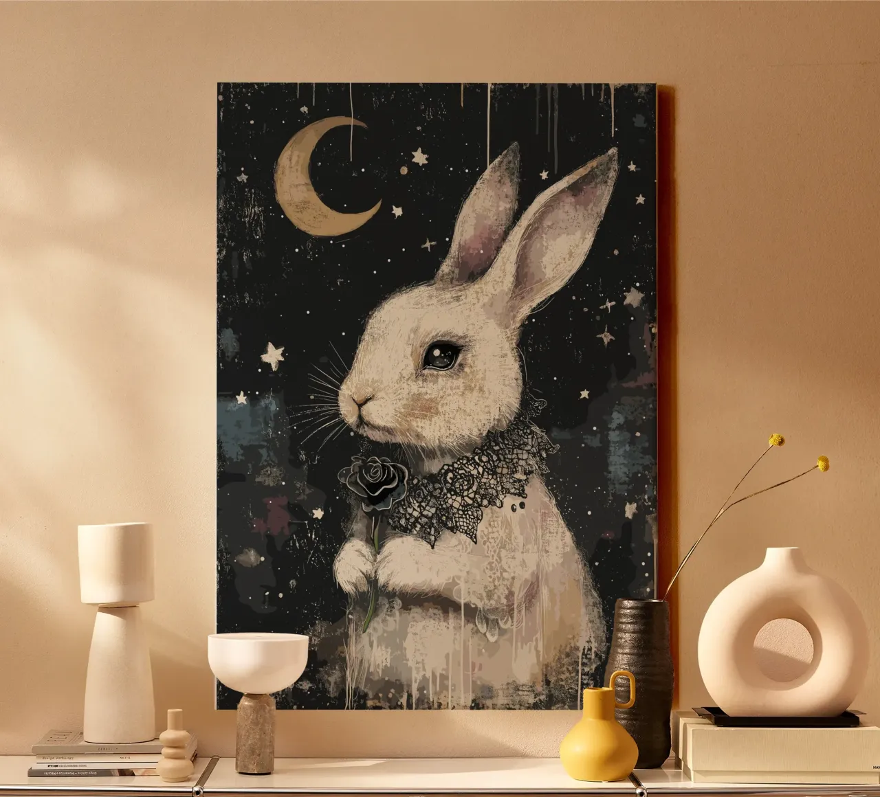 Romantic rabbit in the starry sky canvas with Floater frame by pixelbull - medieval art and more
