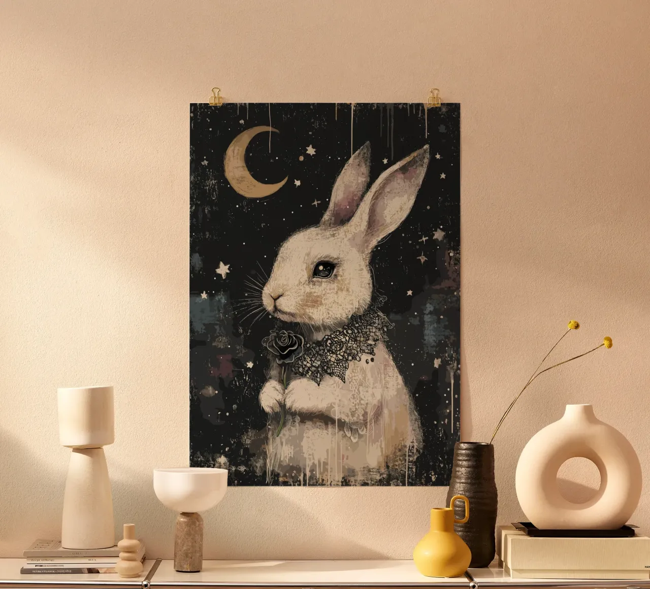 Lapin romantique dans un ciel étoilé poster de pixelbull - medieval art and more