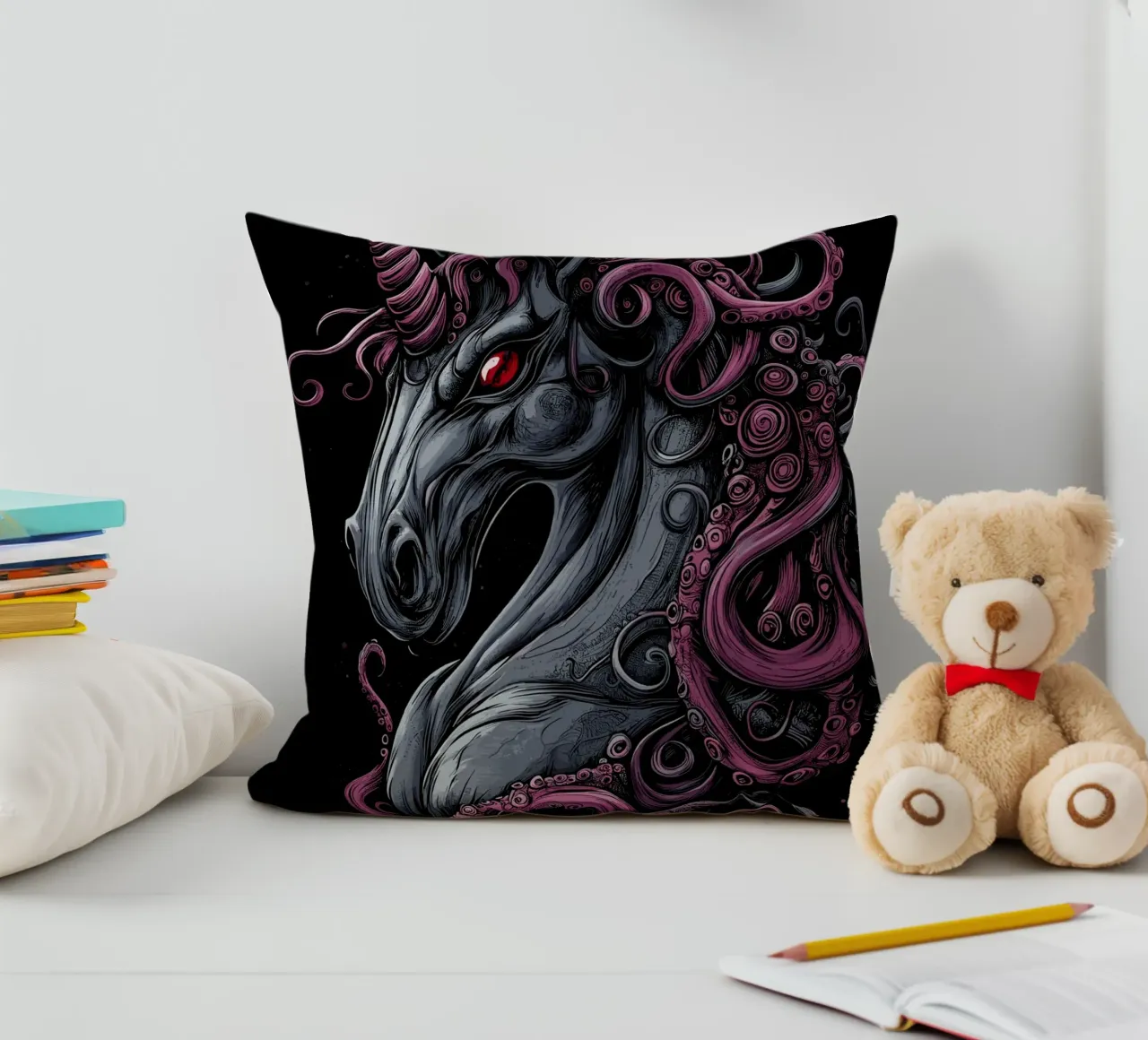 Dark unicorn with tentacled mane decorative cushion by pixelbull - medieval art and more
