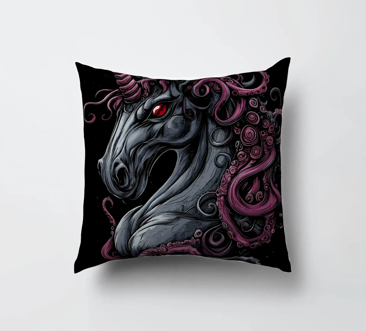 Dark unicorn with tentacled mane decorative cushion by pixelbull - medieval art and more